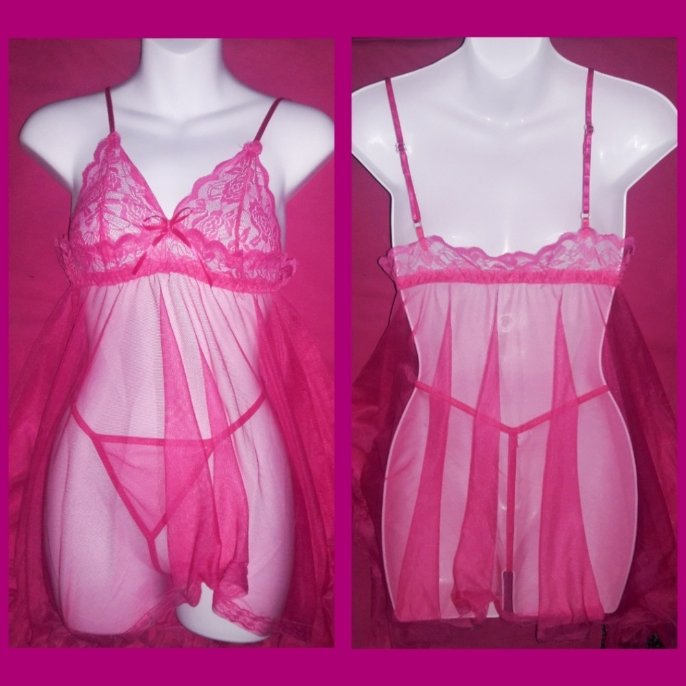 Sheer Pink Mesh Lace Handkerchief Babydoll Set O/S - Picture 3 of 7